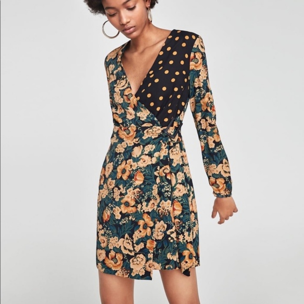 Zara XS Whimsigoth Forest Fairy Bohemian Floral Polka Dot Surplice Mini Dress